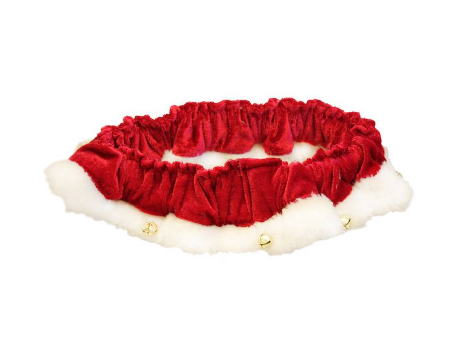 Red velvet pet bed with white fur trim on a white background