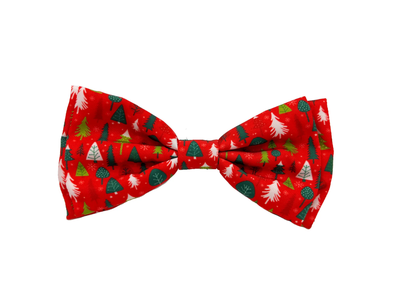 Red bow tie with Christmas tree pattern on a white background