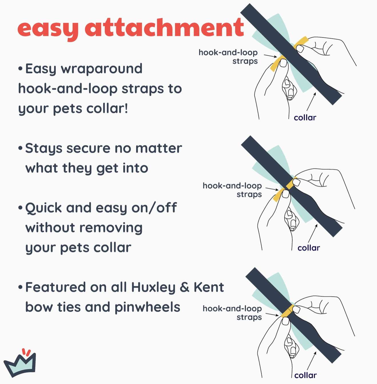 Diagram of hook-and-loop straps for pet bow tie with text on an off-white background