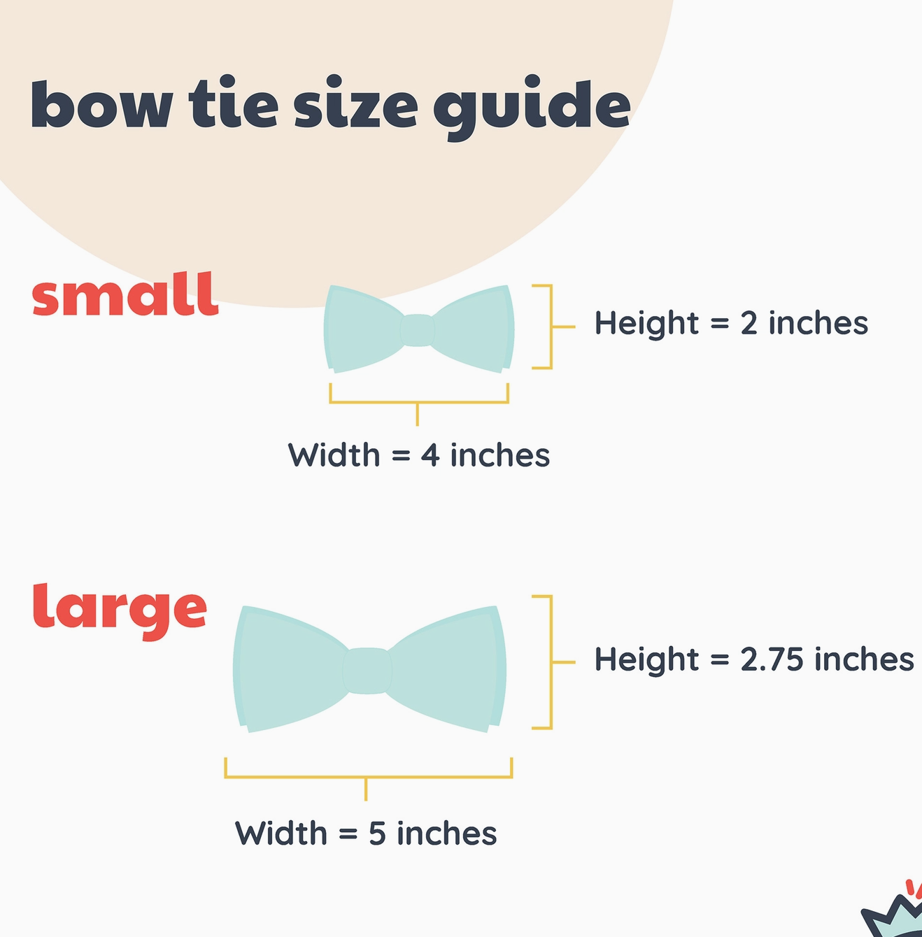 Bow tie size guide with measurements on a beige background