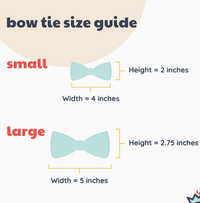 Bow tie size guide with measurements on a beige background