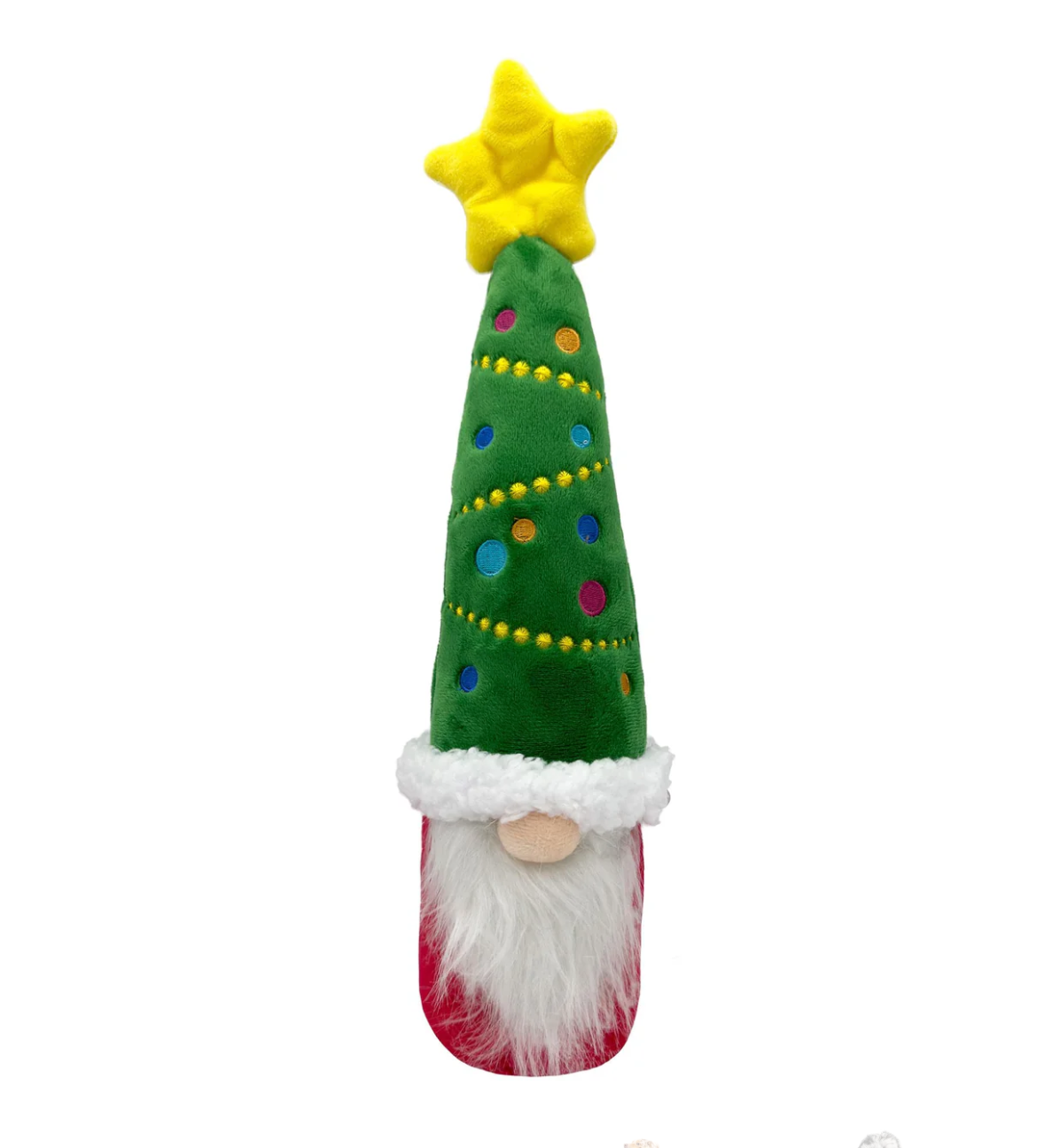Plush toy shaped like a Christmas tree with a star on top, featuring a shake-to-squeak feature.