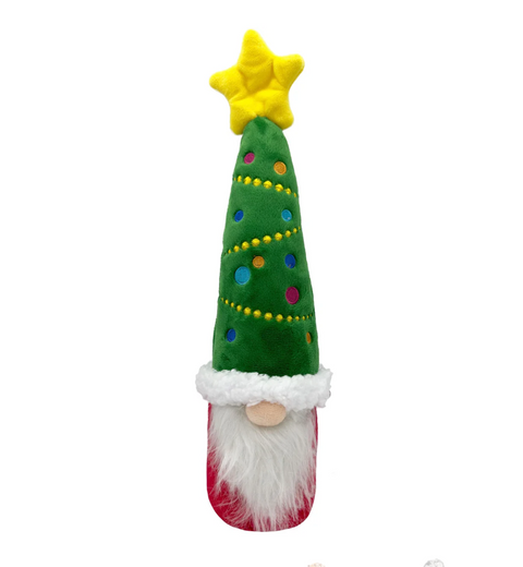 Plush toy shaped like a Christmas tree with a star on top, featuring a shake-to-squeak feature.