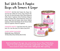 Weruva Awesome Belly beef and rice wet dog food can showing ingredient details or feeding guide information.
