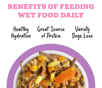 Weruva Awesome Belly beef and rice wet dog food can showing ingredient list and nutritional information panel.