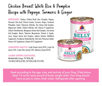 Weruva Awesome Belly chicken and veggie wet dog food can showing ingredient details and nutritional information.