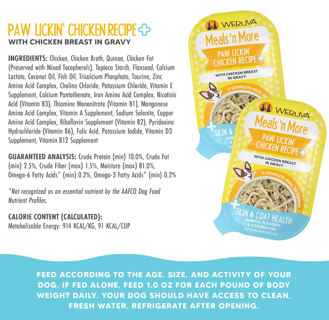 Weruva Paw Lickin' Chicken wet dog food can showing detailed ingredient label and nutritional information.