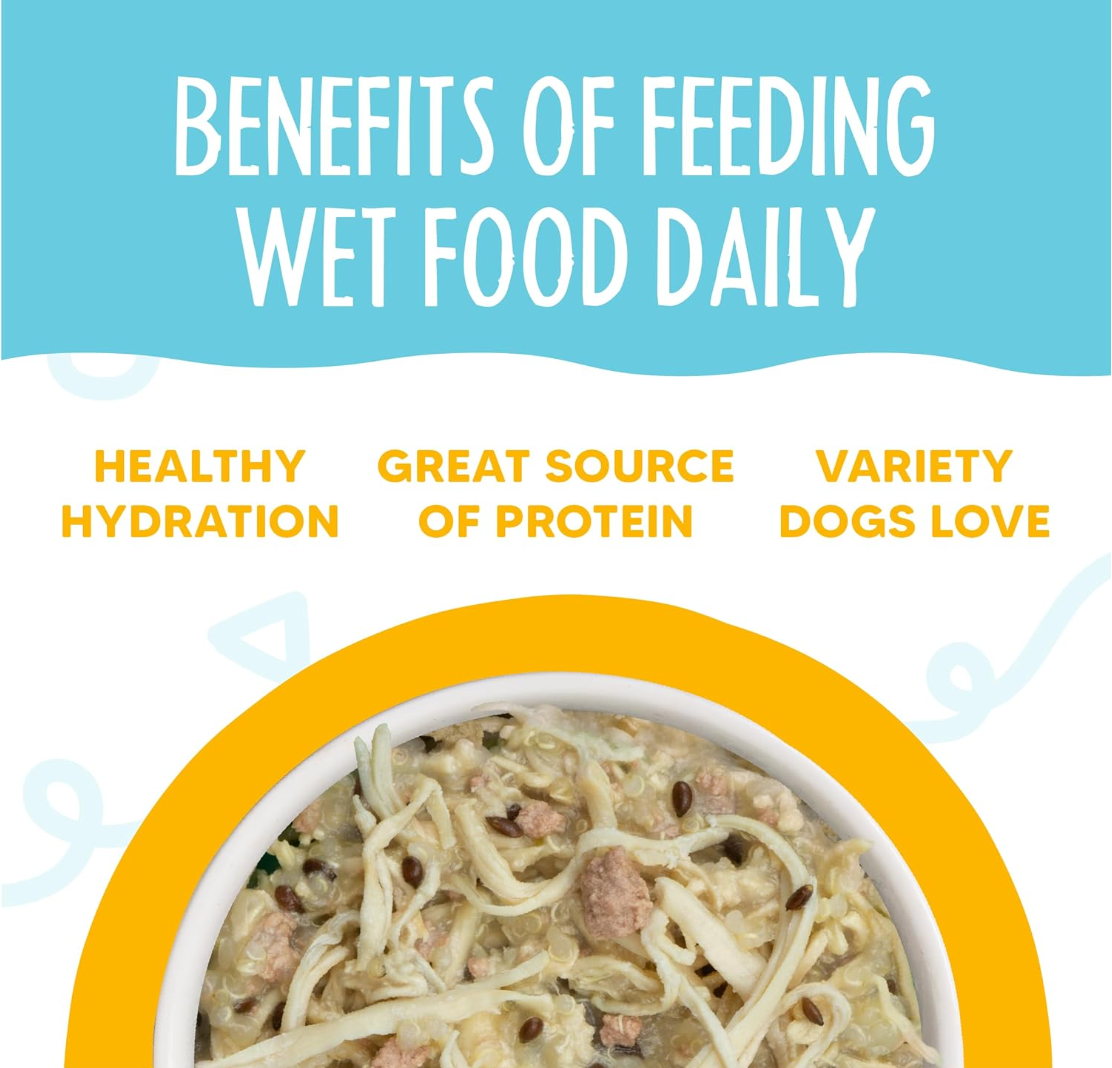 Weruva Paw Lickin' Chicken wet dog food can showing ingredient details and nutritional information on label.