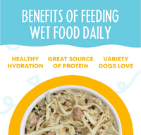 Weruva Paw Lickin' Chicken wet dog food can showing ingredient details and nutritional information on label.