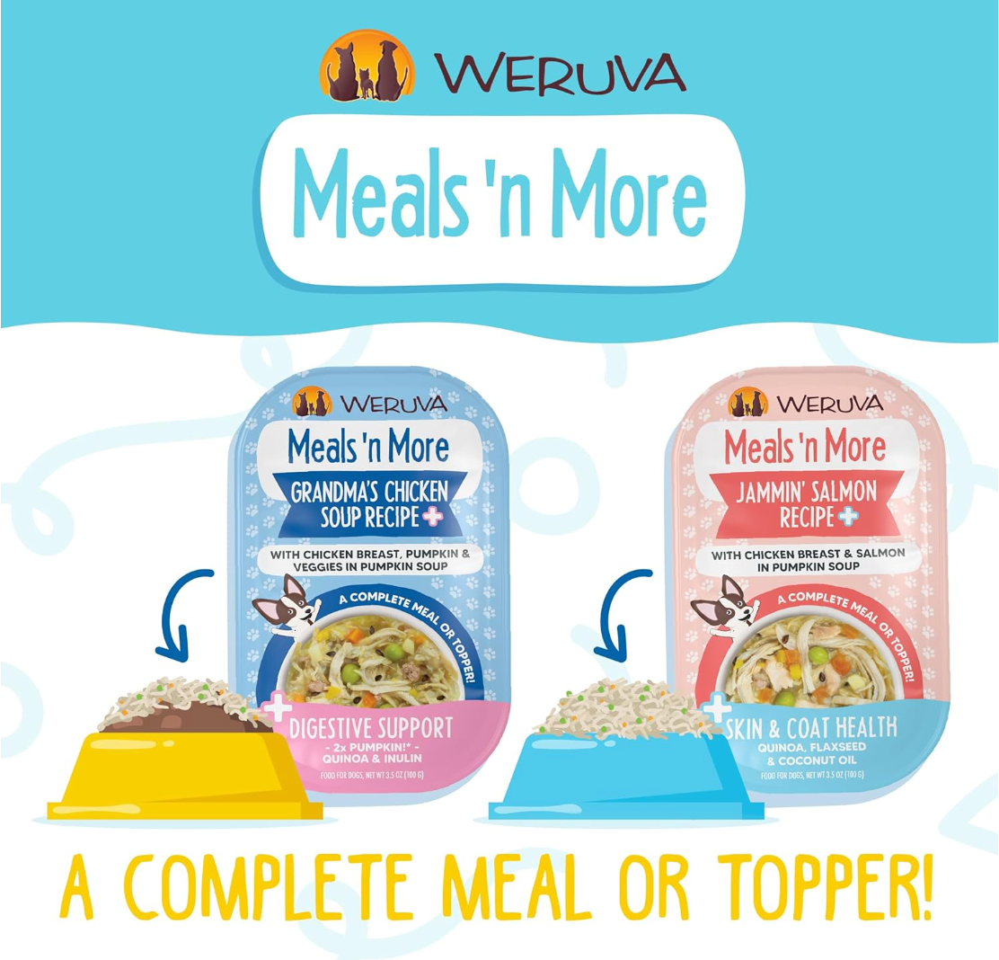 Weruva Paw Lickin' Chicken wet dog food can showing ingredients list and nutritional information panel.