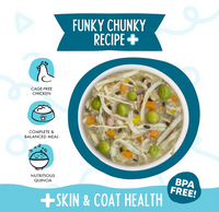 Weruva Funky Chunky wet dog food can showing detailed ingredient label and nutritional information panel.