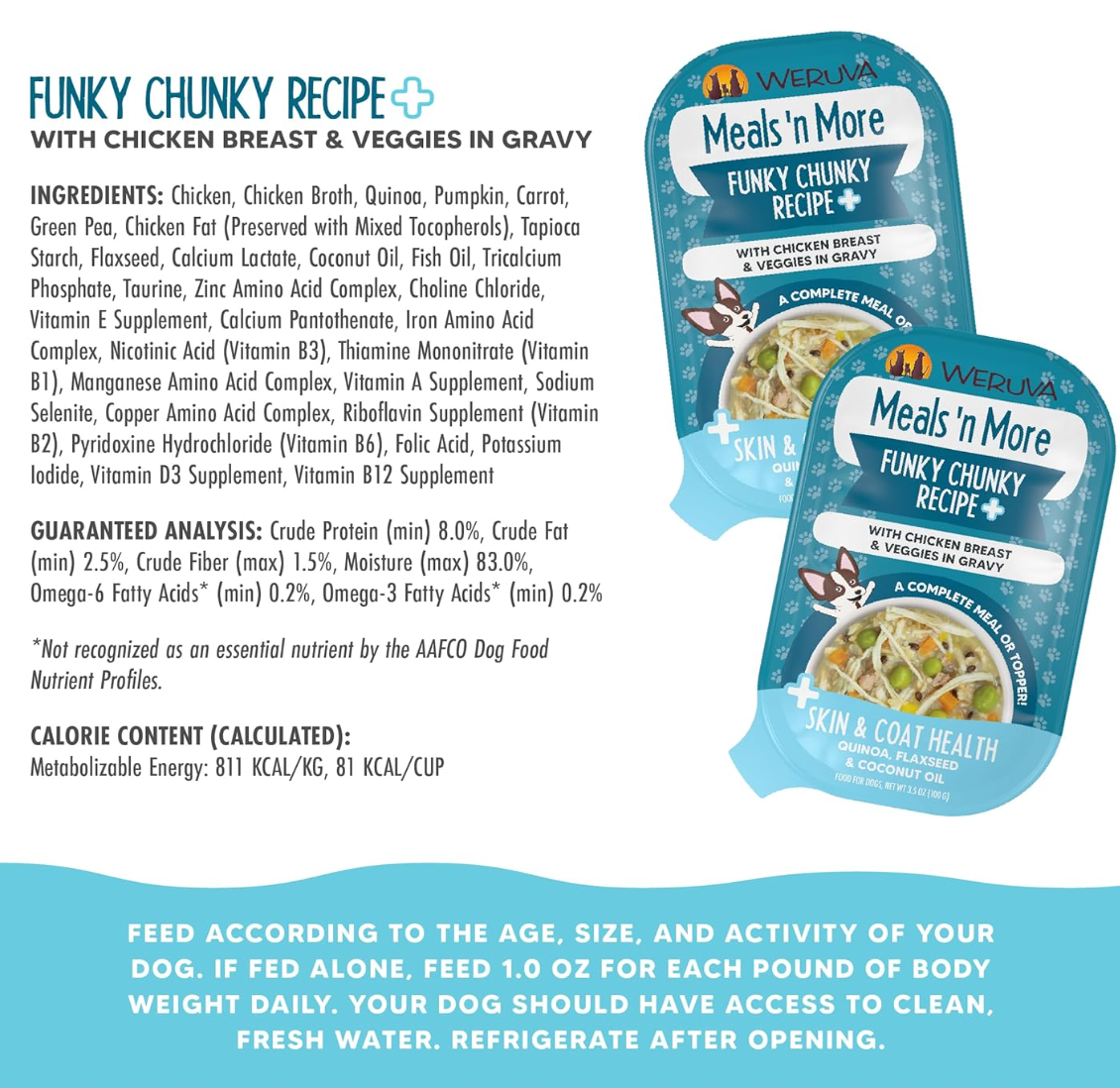 Weruva Funky Chunky wet dog food can showing chunky chicken and vegetable texture inside bowl.