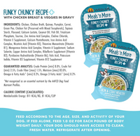 Weruva Funky Chunky wet dog food can showing chunky chicken and vegetable texture inside bowl.