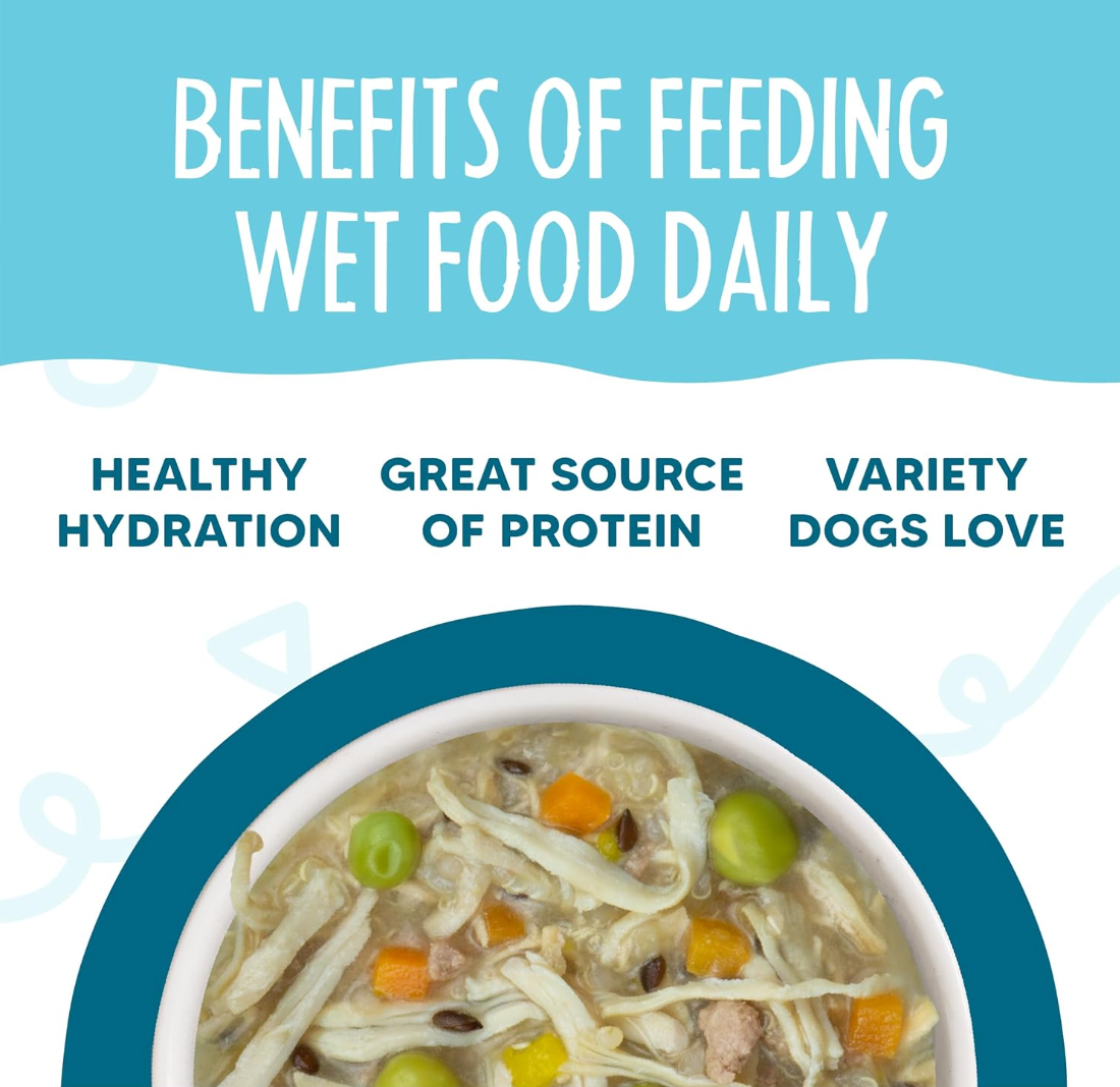 Weruva Funky Chunky wet dog food can showing ingredient details and nutritional information on label.