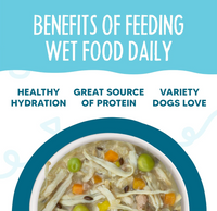 Weruva Funky Chunky wet dog food can showing ingredient details and nutritional information on label.