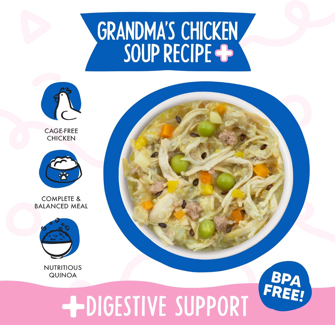 Weruva Grandma's Soup wet dog food can showing ingredient details or nutritional information panel.
