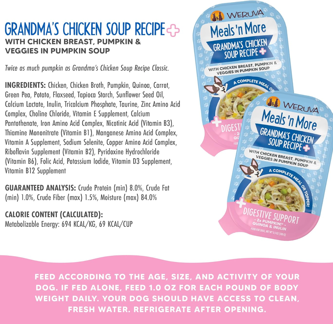 Weruva Grandma's Soup wet dog food shown in feeding context or alternative product angle