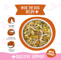 Weruva Wok The Dog wet dog food can showing ingredient details and nutritional information panel.