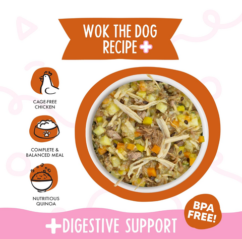 Weruva Wok The Dog wet dog food can showing ingredient details and nutritional information panel.