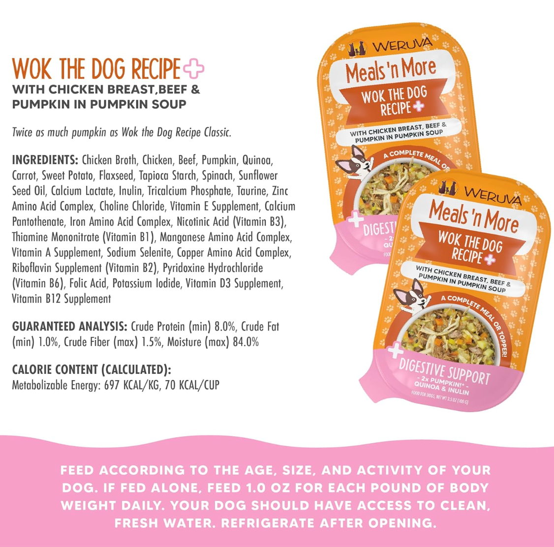 Weruva Wok The Dog wet dog food can showing ingredient details and nutritional information on label