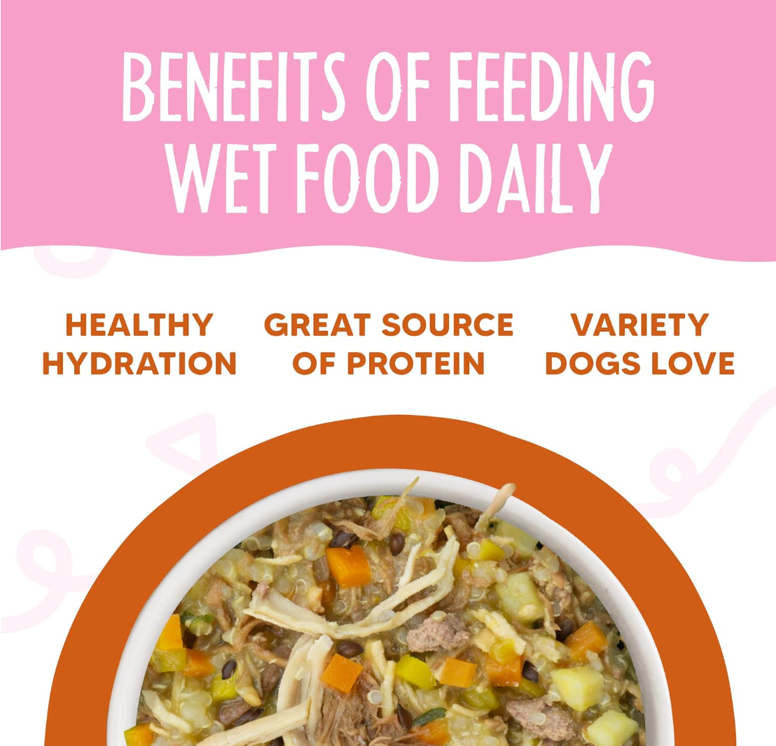 Weruva Wok The Dog wet dog food can showing ingredient details and nutritional information on label.