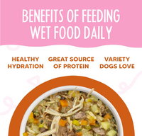 Weruva Wok The Dog wet dog food can showing ingredient details and nutritional information on label.
