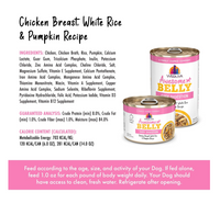 Weruva Awesome Belly chicken and rice wet dog food can showing nutritional information and feeding guidelines on label.