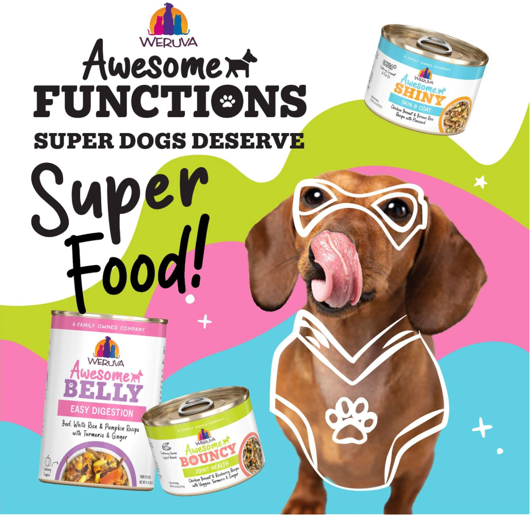 Weruva Awesome Belly chicken and veggie wet dog food can showing nutritional information and feeding guidelines on back label