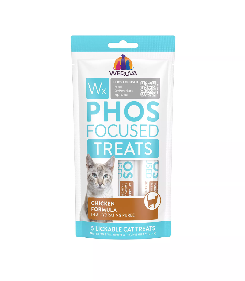 Weruva Wx Phos Focused chicken treat packaging shown from back or side angle displaying nutritional information and feeding guidelines.