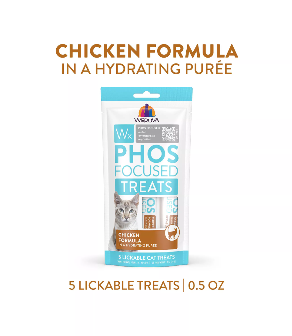 Weruva Wx Phos Focused chicken treat package showing product details and nutritional information for cats.