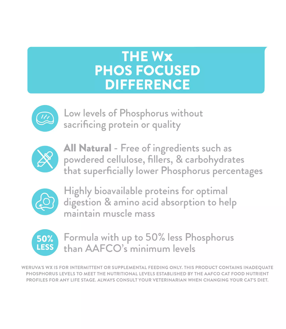 Weruva Wx Phos Focused chicken treat packaging showing nutritional information and feeding guidelines for cats.