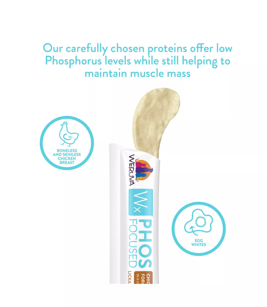 Weruva Wx Phos Focused chicken treat tube showing smooth lickable texture and product packaging details.