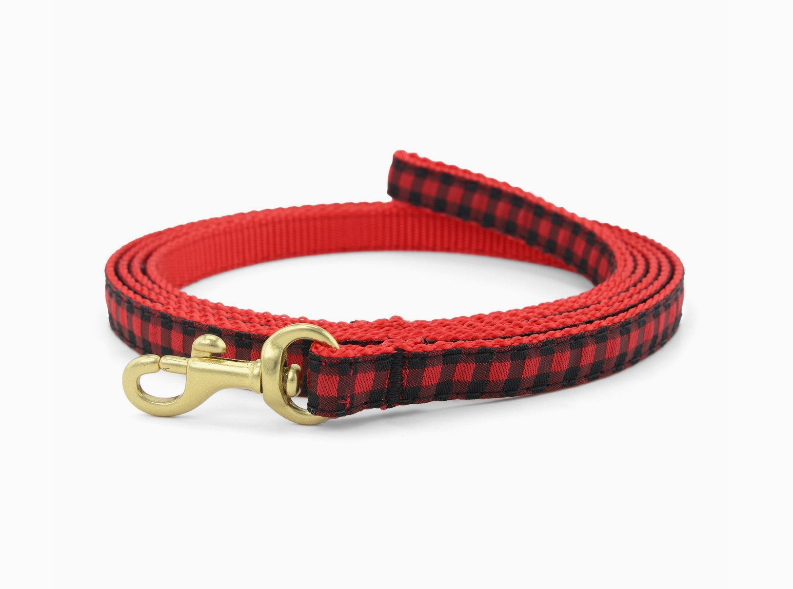 Close-up detail of Up Country Small Breed Buffalo Check collar showing red and black plaid pattern and hardware.