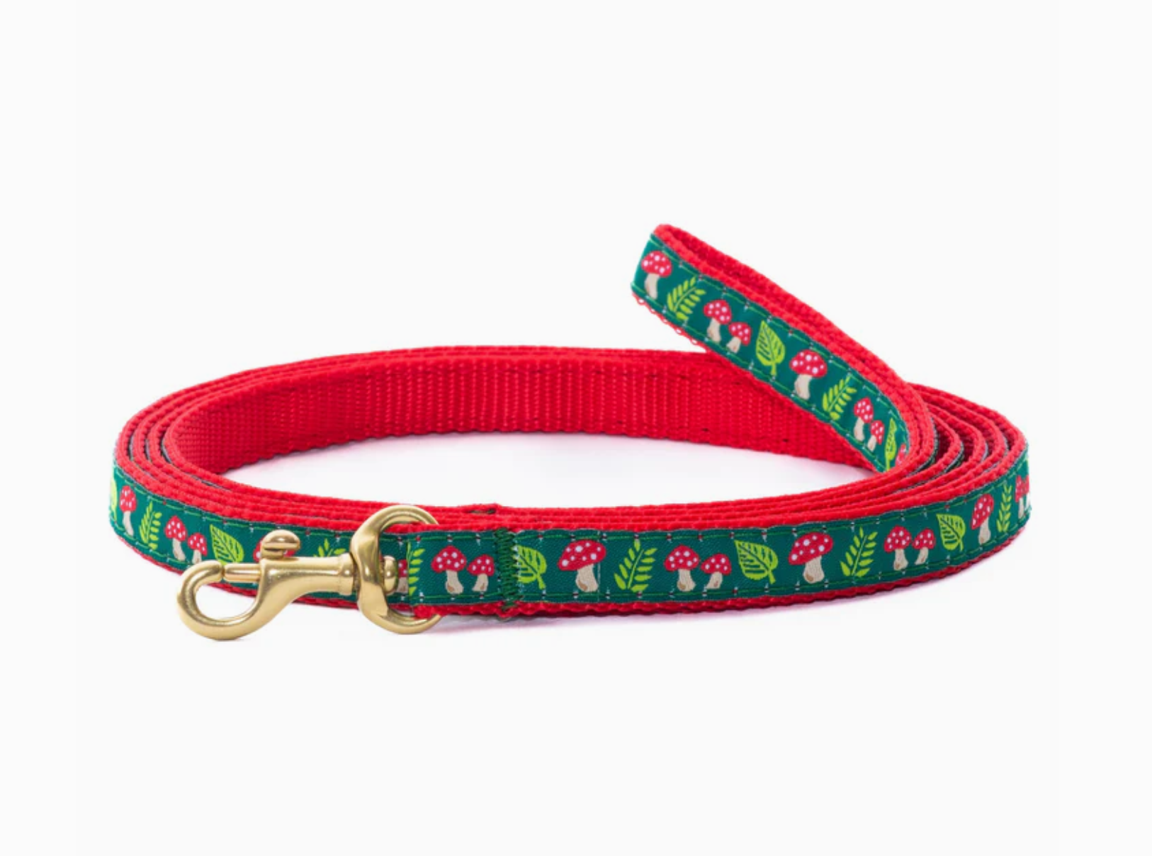 Up Country Small Breed Mushrooms collar detail showing delicate hardware and colorful mushroom pattern design.