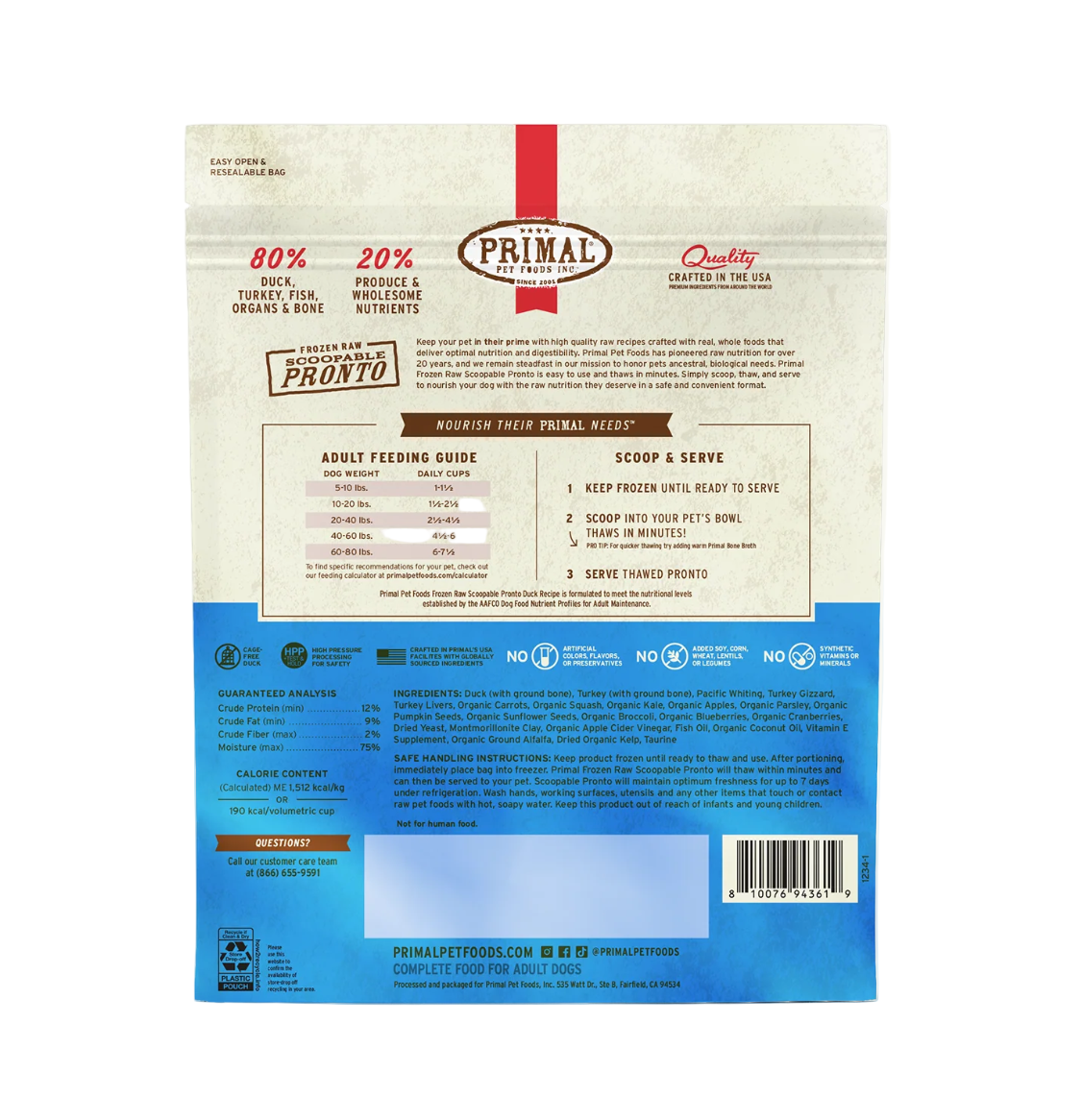 Close-up detail of Primal Pronto Duck 4lb raw pet food packaging highlighting key product information.