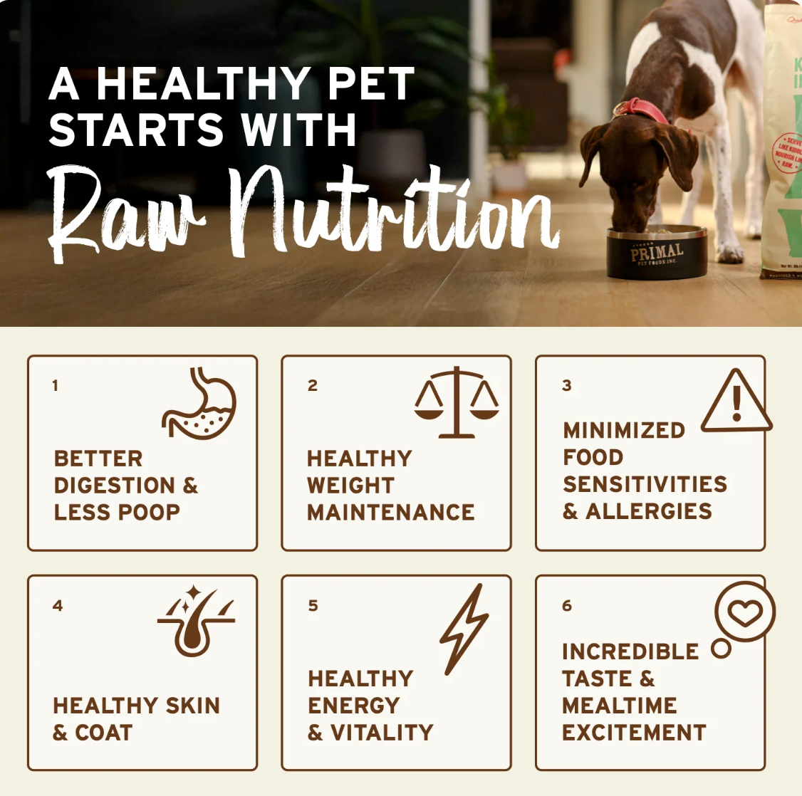 Primal Pronto Duck frozen raw dog food package showing nutritional benefits and feeding information on label.