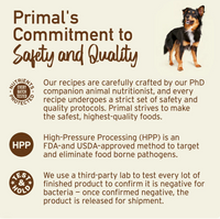 Primal Pronto Duck 4lb frozen raw dog food package showing nutritional benefits and feeding guidelines