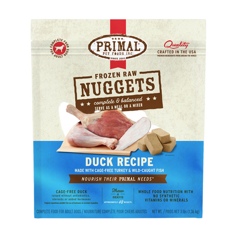 Primal Canine Frozen Raw Duck dog food package showing premium raw protein nutrition for dogs.