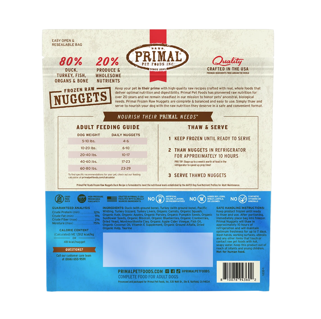 Primal frozen raw duck dog food package showing premium whole-food ingredients for canine ancestral nutrition.
