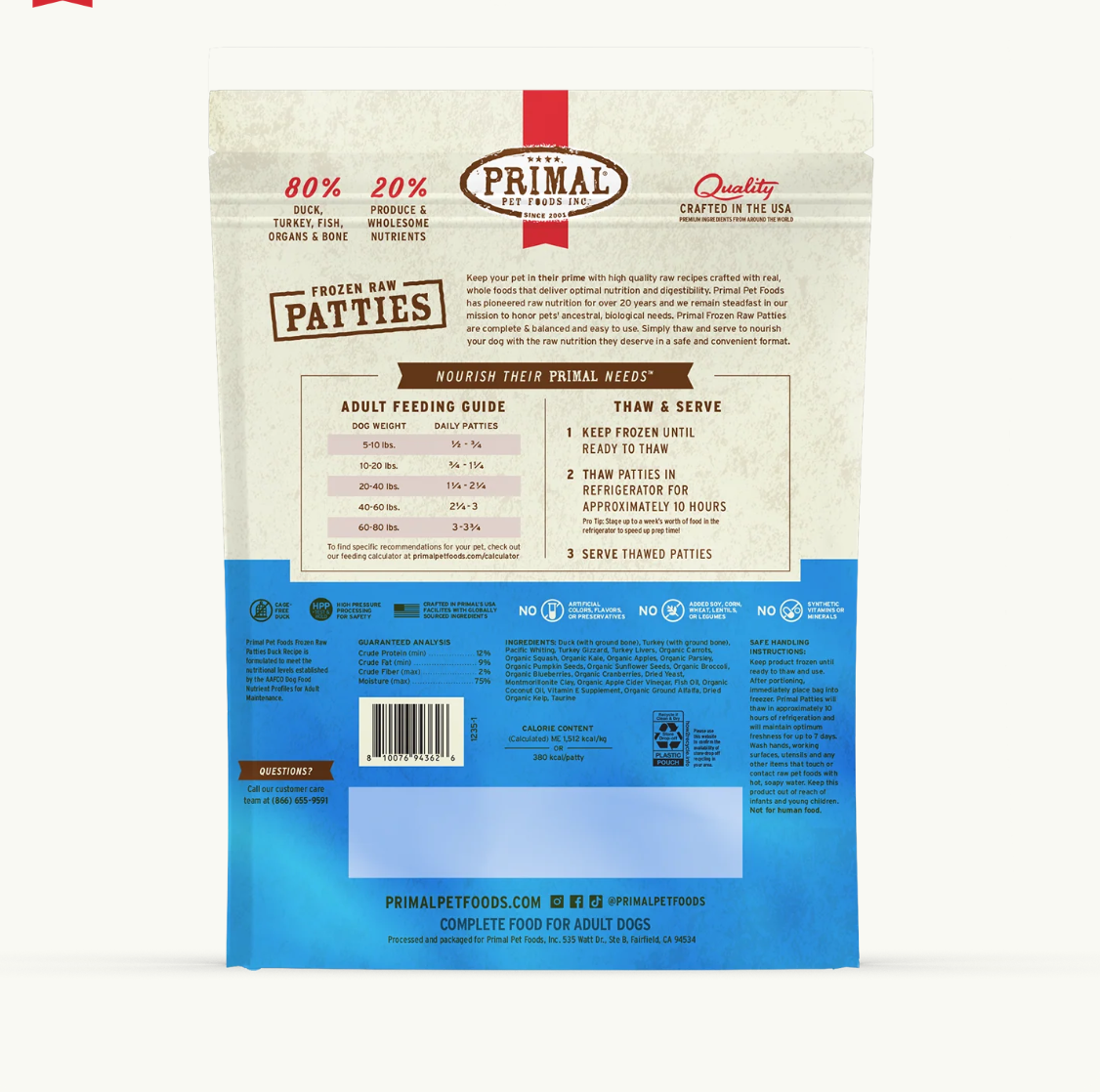 Primal Canine Frozen Raw Duck food package showing nutritional information and feeding guidelines on back label.