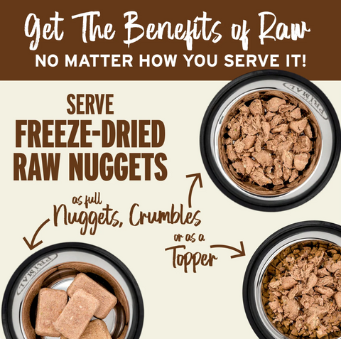 Primal Freeze-Dried Duck Nuggets scattered on white surface showing individual nugget size and texture detail.