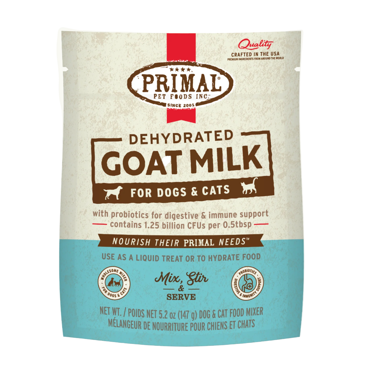 Primal dehydrated goat milk package for dogs and cats on a white background
