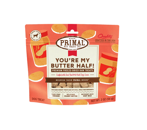 Primal freeze-dried chicken and peanut butter dog treats package showing brand logo and product information.
