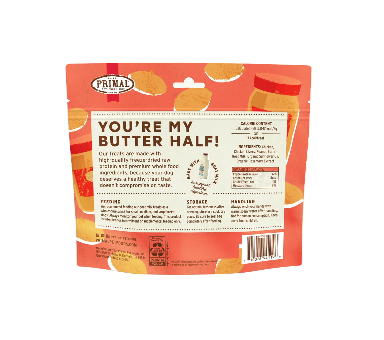 Primal chicken and peanut butter freeze-dried dog treats scattered showing individual piece texture and natural coloring.