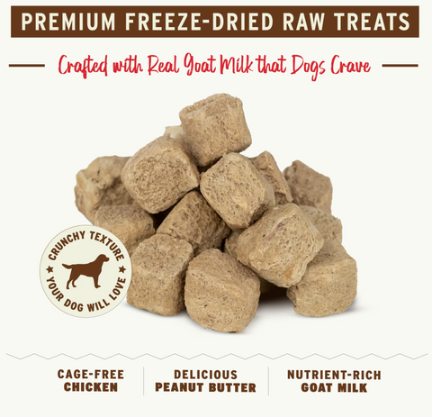 Primal chicken and peanut butter freeze-dried dog treats showing texture and ingredient detail close-up.