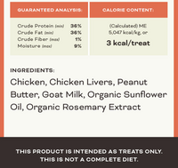 Primal Chicken & Peanut Butter freeze-dried dog treats scattered on rustic wooden surface showing texture and size.