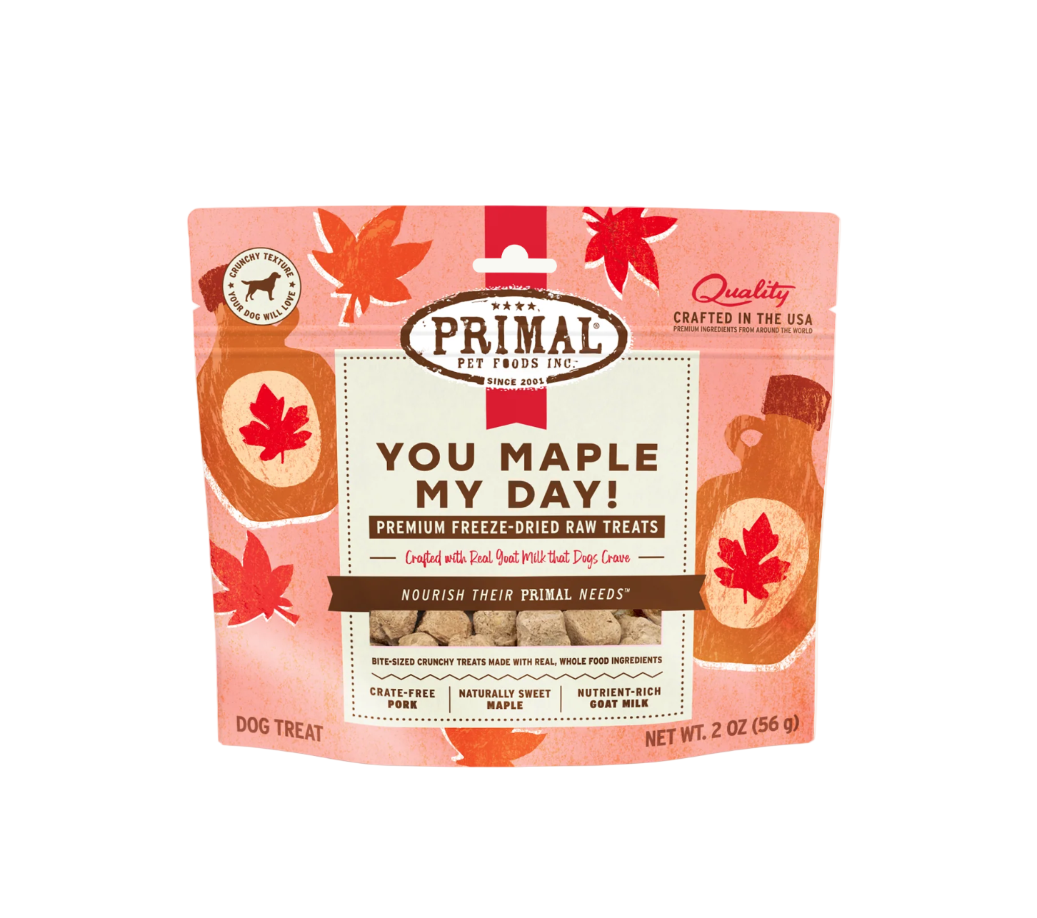 Primal freeze-dried pork, maple, and goat milk dog treats package showing brand logo and product details.