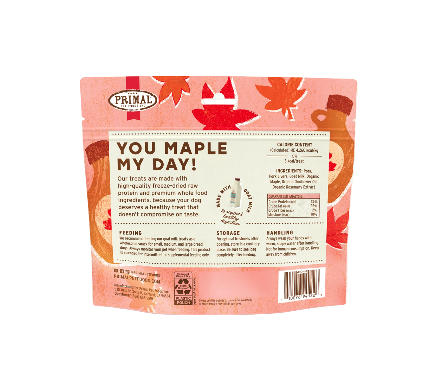 Primal freeze-dried pork maple goat milk dog treats scattered on white surface showing natural texture and color