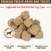 Primal freeze-dried pork, maple, and goat milk dog treats shown from side angle highlighting packaging details.