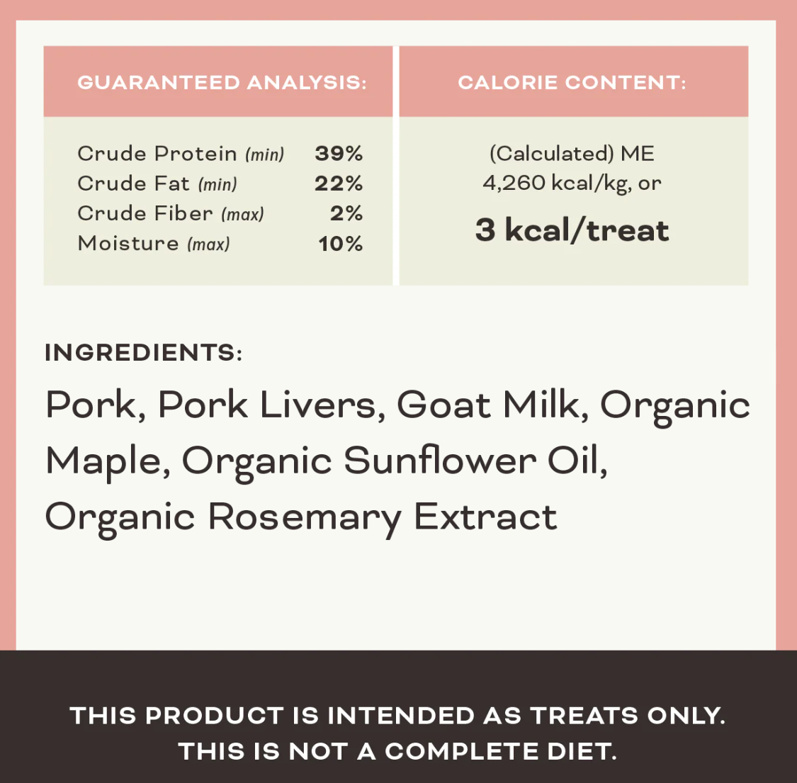 Primal freeze-dried pork, maple, and goat milk dog treats shown in lifestyle setting or alternative product angle.